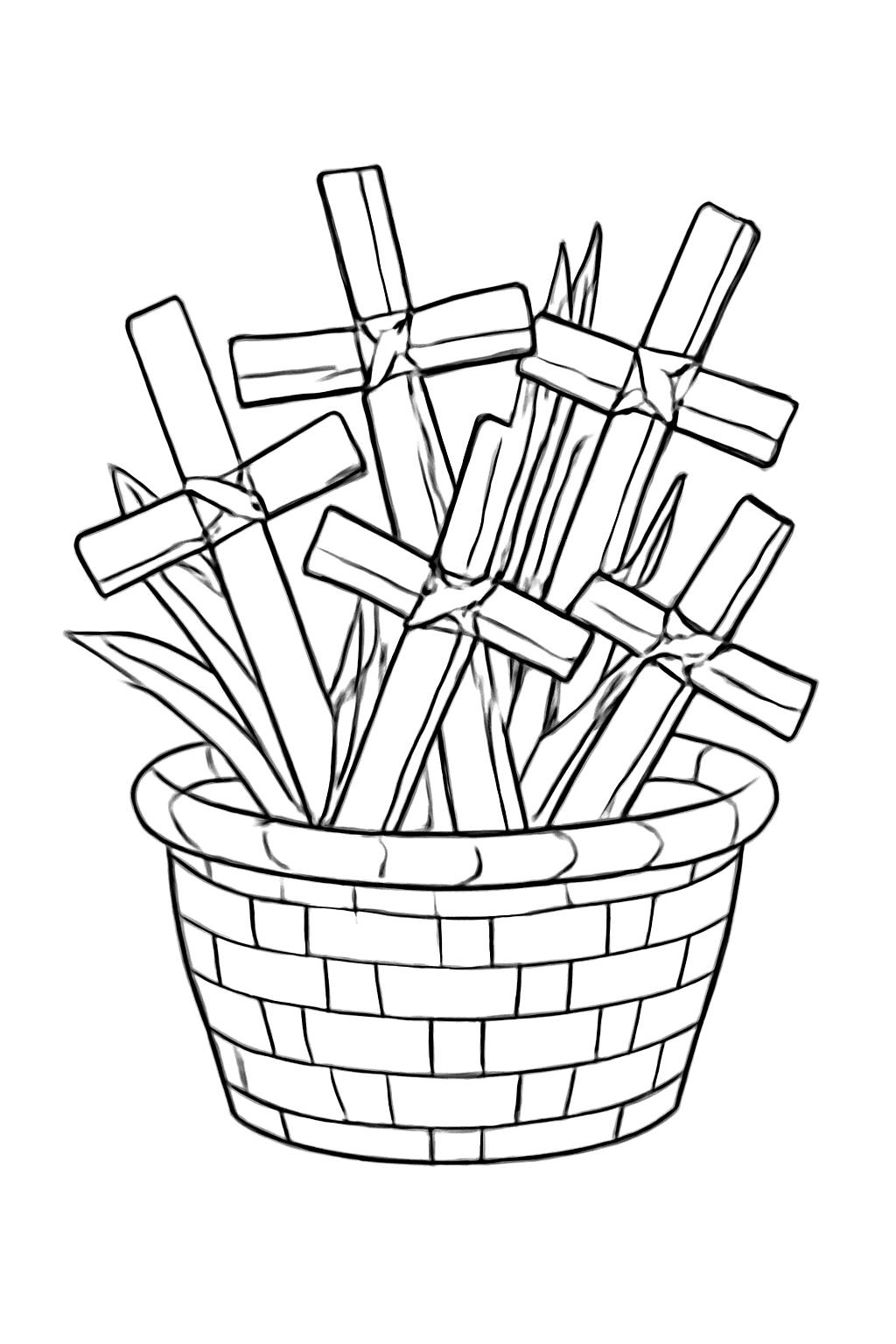 Free printable basket of woven palm crosses for Palm Sunday coloring page for kids