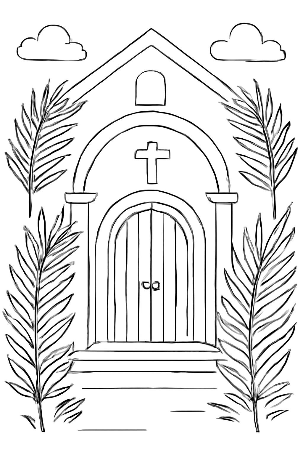 Free printable Palm Sunday church entrance decorated with palm branches coloring page