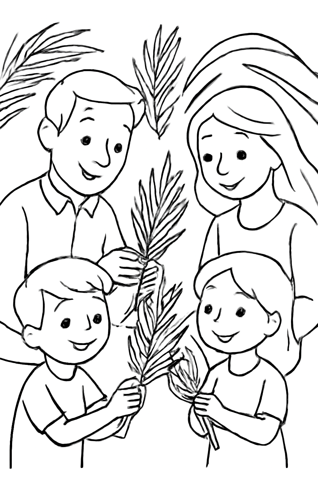 Free printable family folding palm leaves together on Palm Sunday coloring page for kids