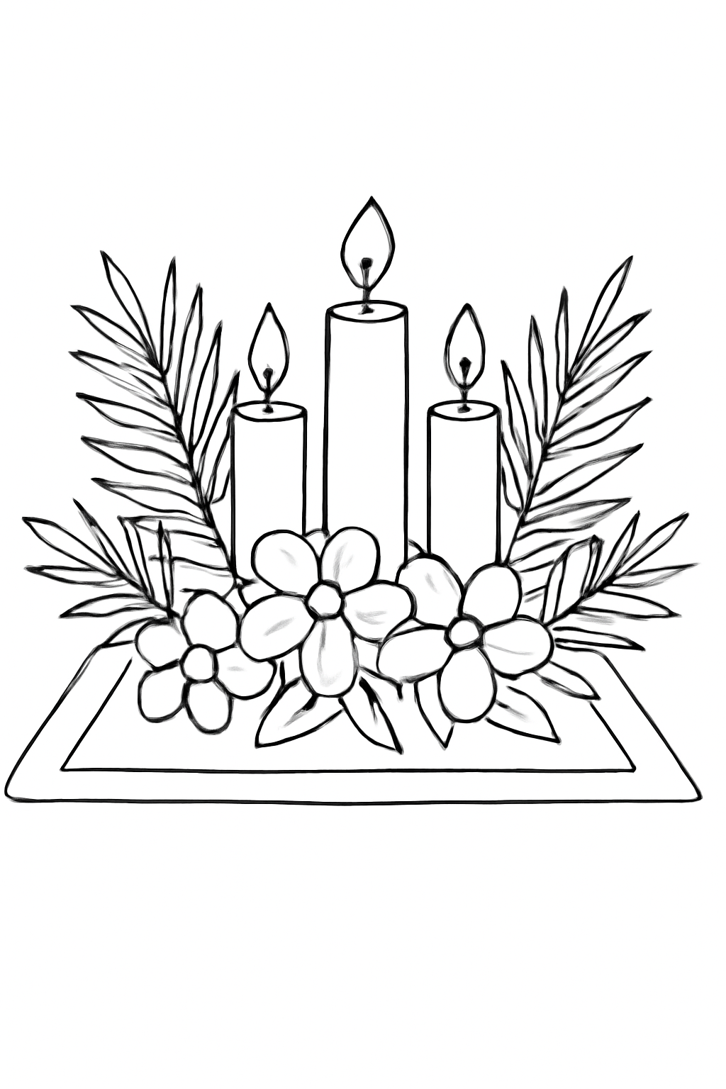 Free printable Palm Sunday table runner of palms flowers and candles coloring page for kids