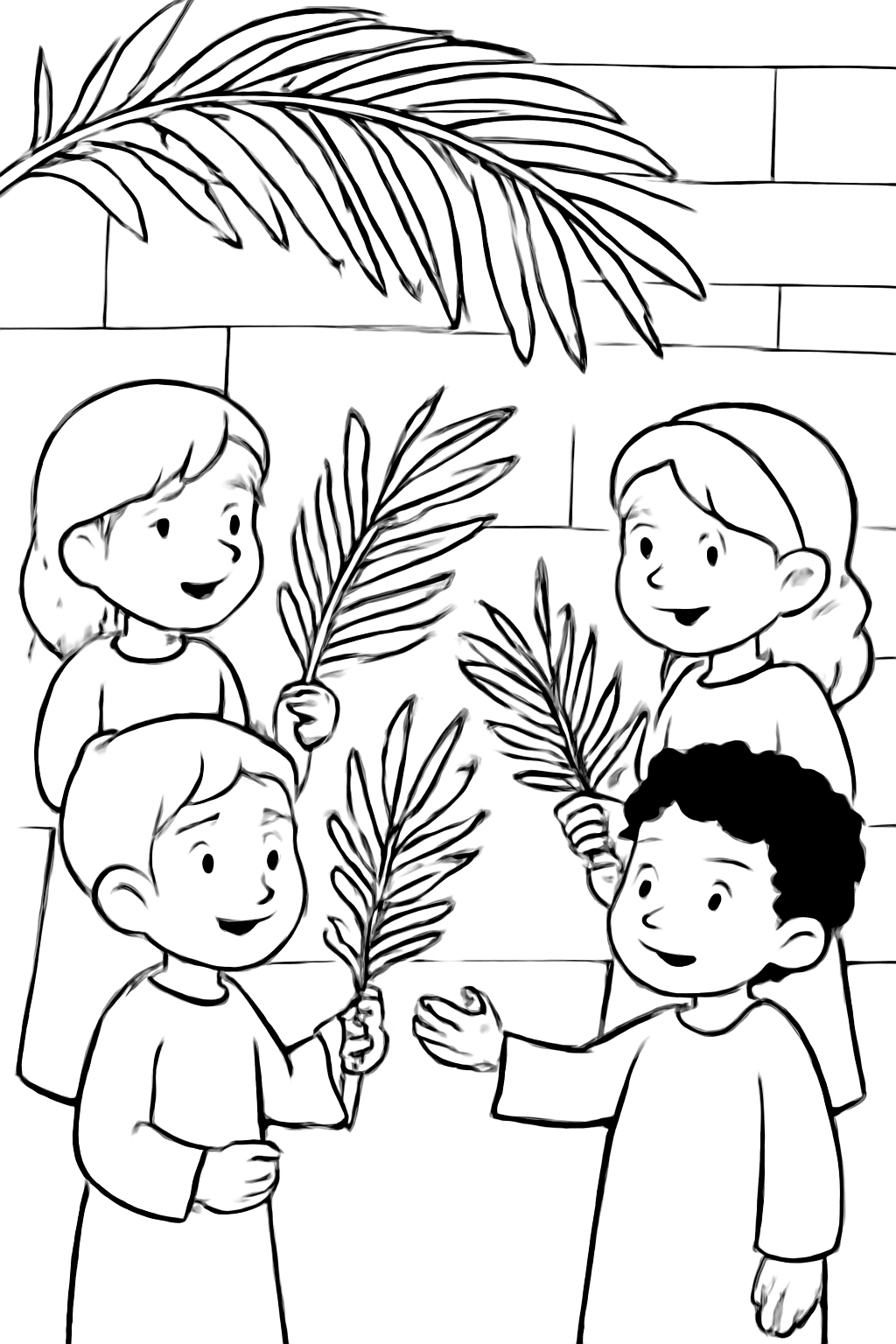 Free printable children handing out palm branches on Palm Sunday coloring page for kids