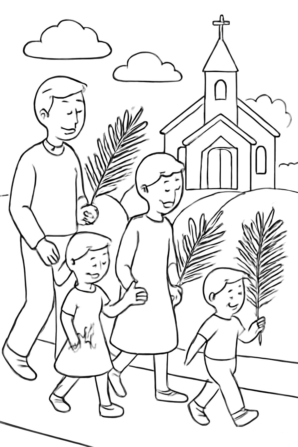 Free printable family walking to church with palm branches on Palm Sunday coloring page for kids