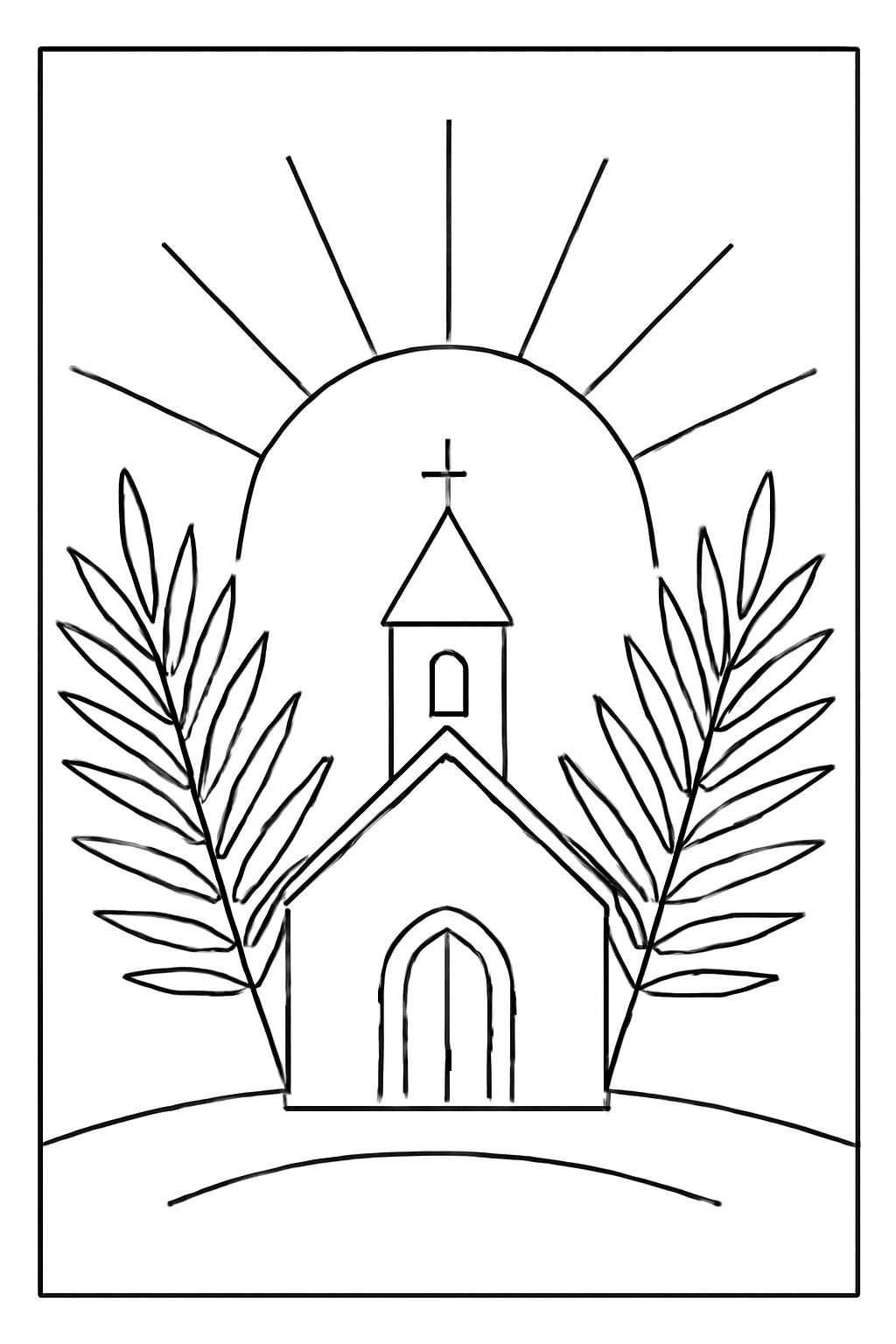 Free printable Palm Sunday morning sun rising behind a small church and palms coloring page for kids