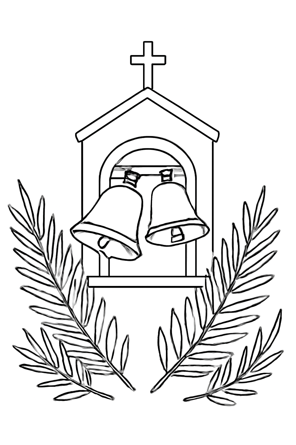Free printable Palm Sunday church bells ringing above palm branches coloring page for kids