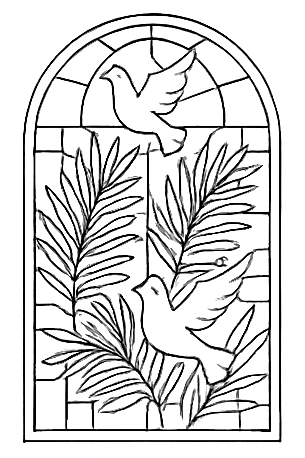 Free printable Palm Sunday stained glass window pattern with palms and doves coloring page for kids
