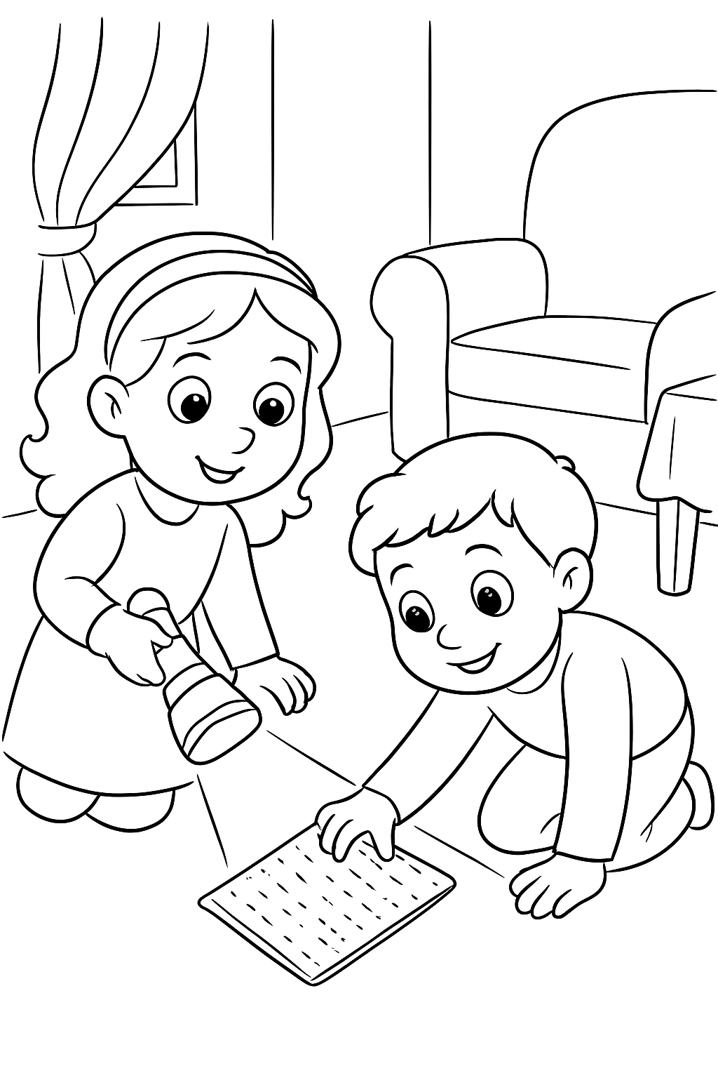 Free printable children hunting the afikoman with a flashlight on Passover coloring page for kids