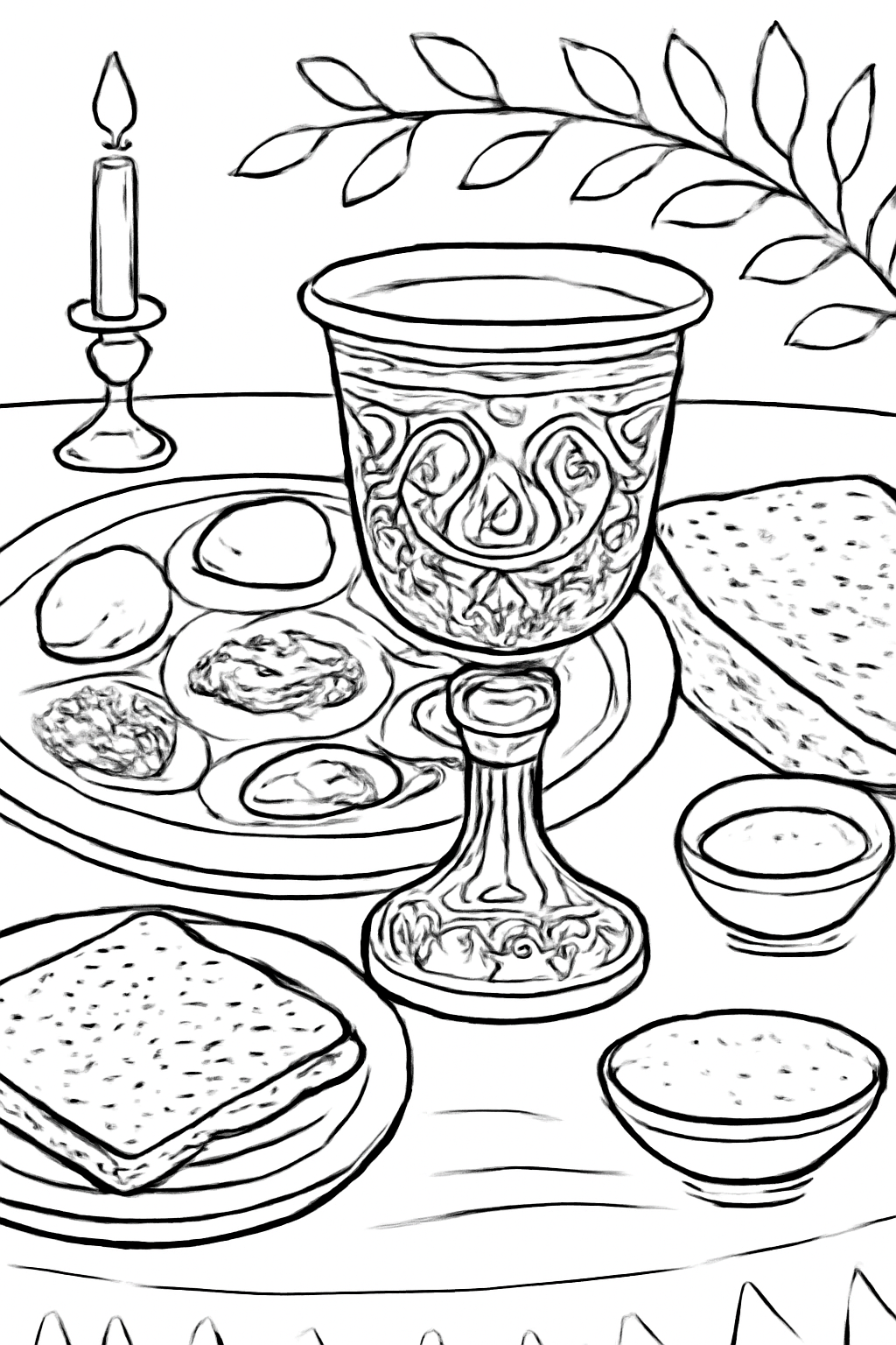 Free printable ornate silver cup on a festive Passover table coloring page for kids