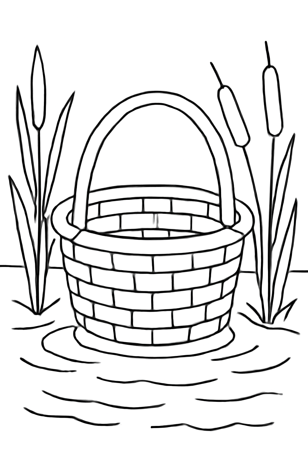 Free printable woven basket floating among river reeds for Passover coloring page for kids