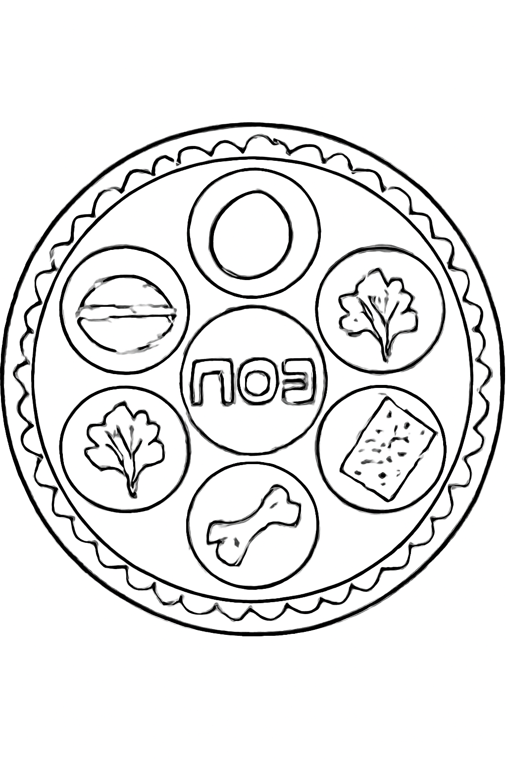 Free printable Passover seder plate with six small dishes coloring page for kids