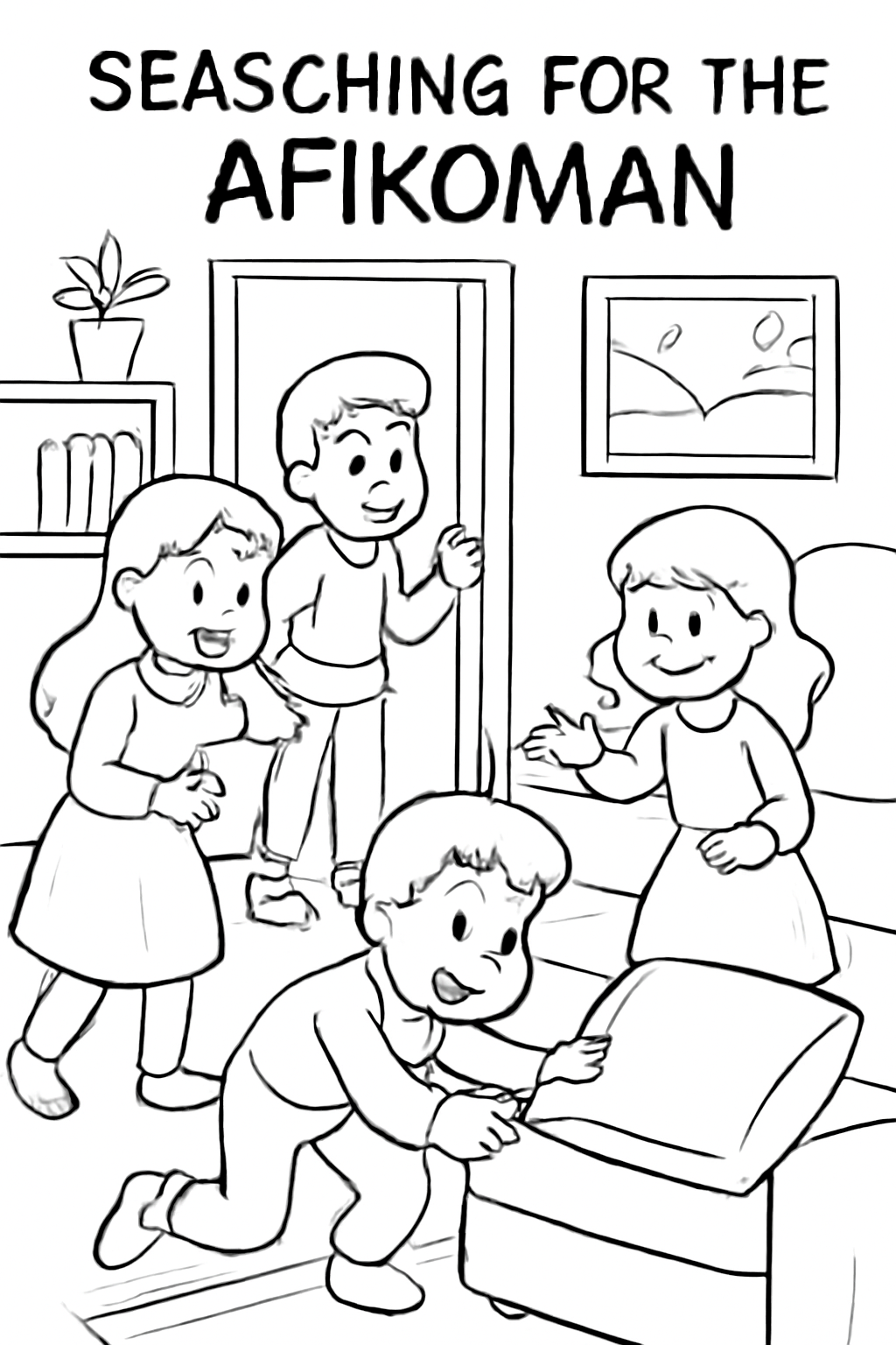 Free printable children searching the house for the Passover afikoman coloring page