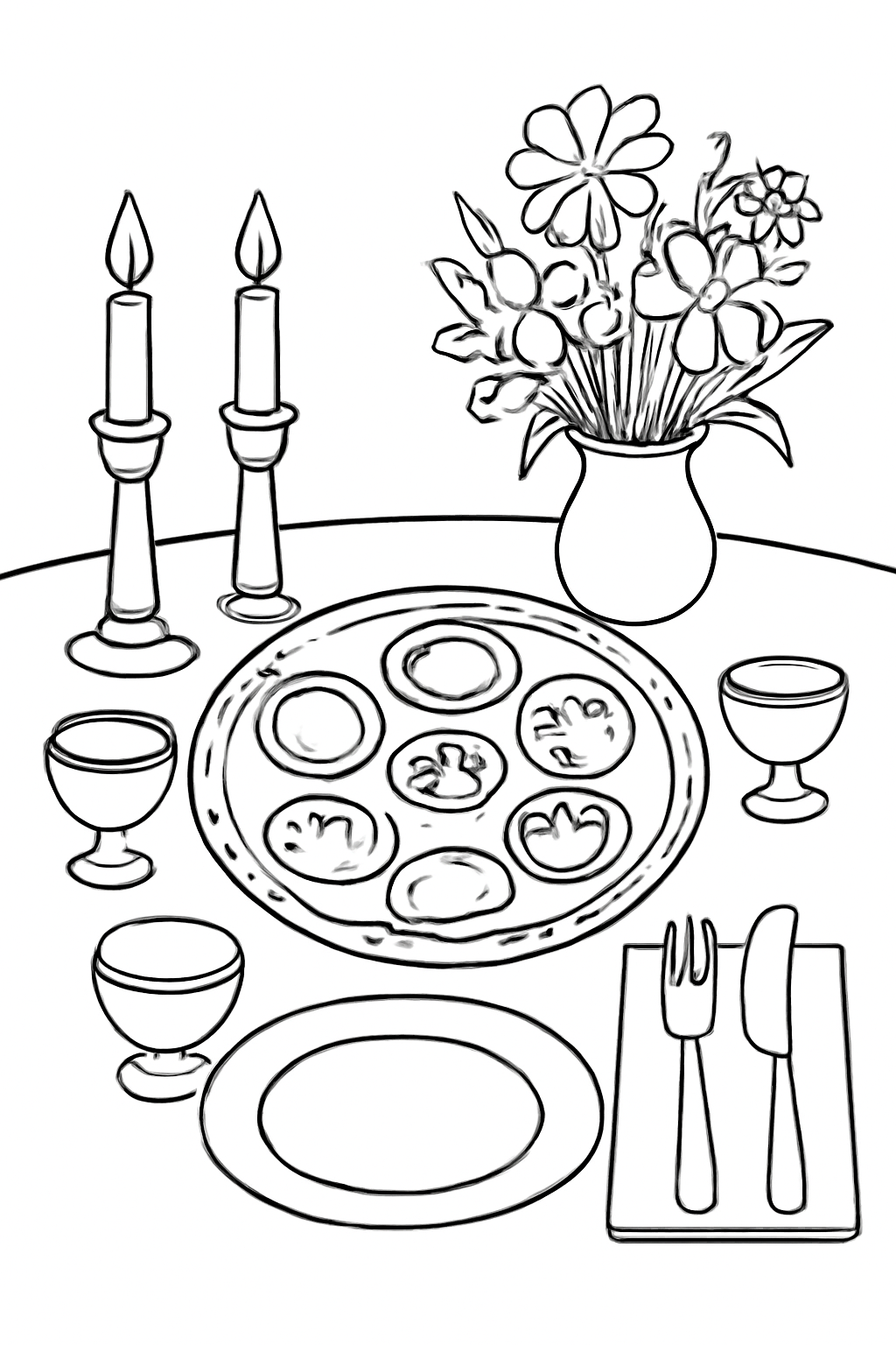 Free printable Passover table set with candles cups and spring flowers coloring page for kids