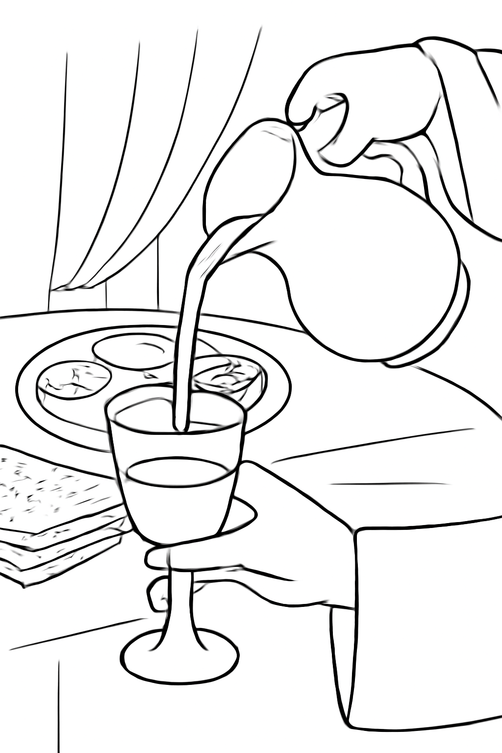 Free printable cup of grape juice being poured at a Passover seder coloring page for kids