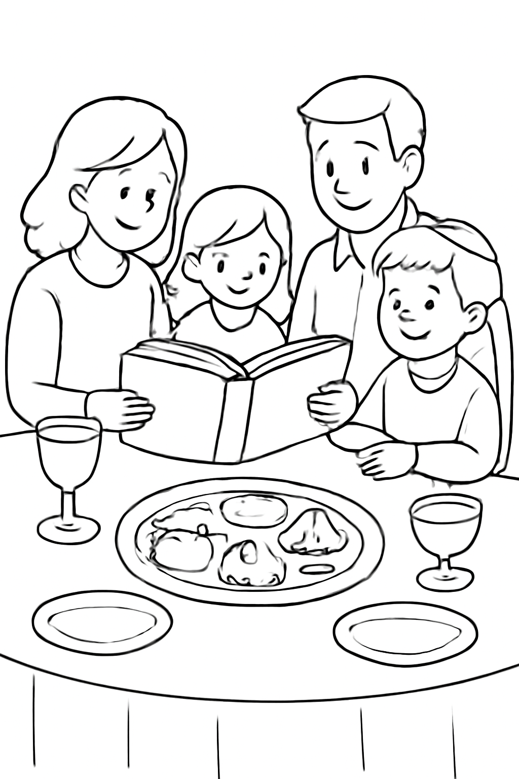 Free printable family reading together around a Passover seder table coloring page