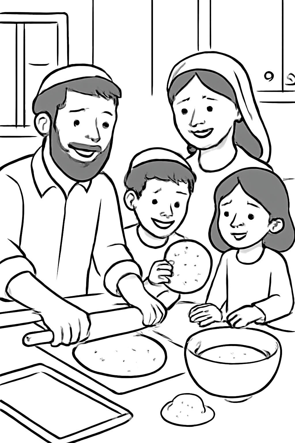 Free printable family baking matzah together for Passover coloring page for kids