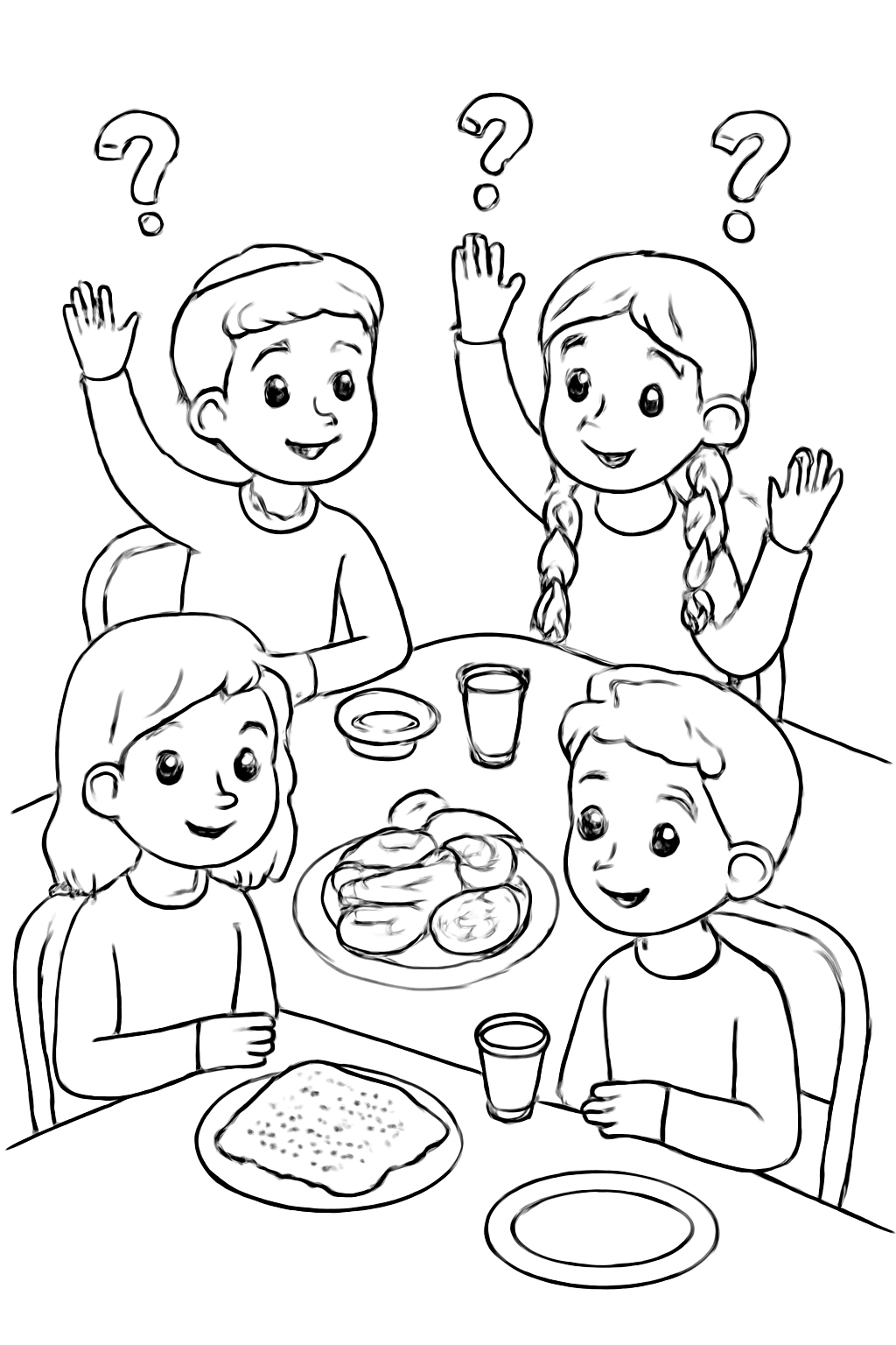 Free printable children asking questions at the Passover seder coloring page for kids