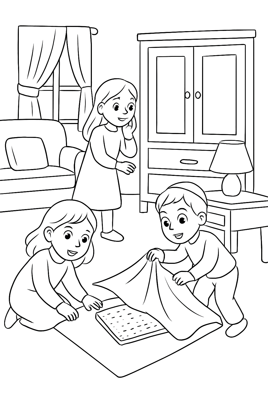 Free printable children searching the house for the Passover afikoman coloring page for kids