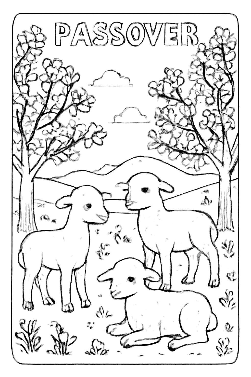 Free printable Passover spring scene with lambs and blossoming trees coloring page for kids