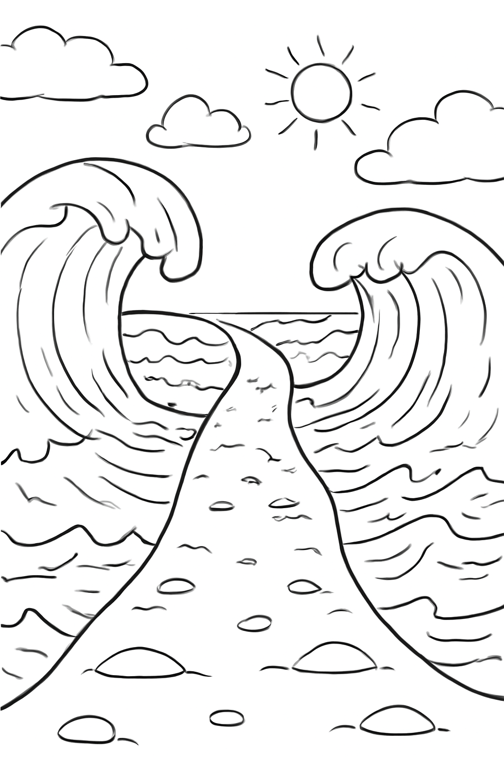 Free printable parted sea walls of water with a dry path for Passover coloring page for kids