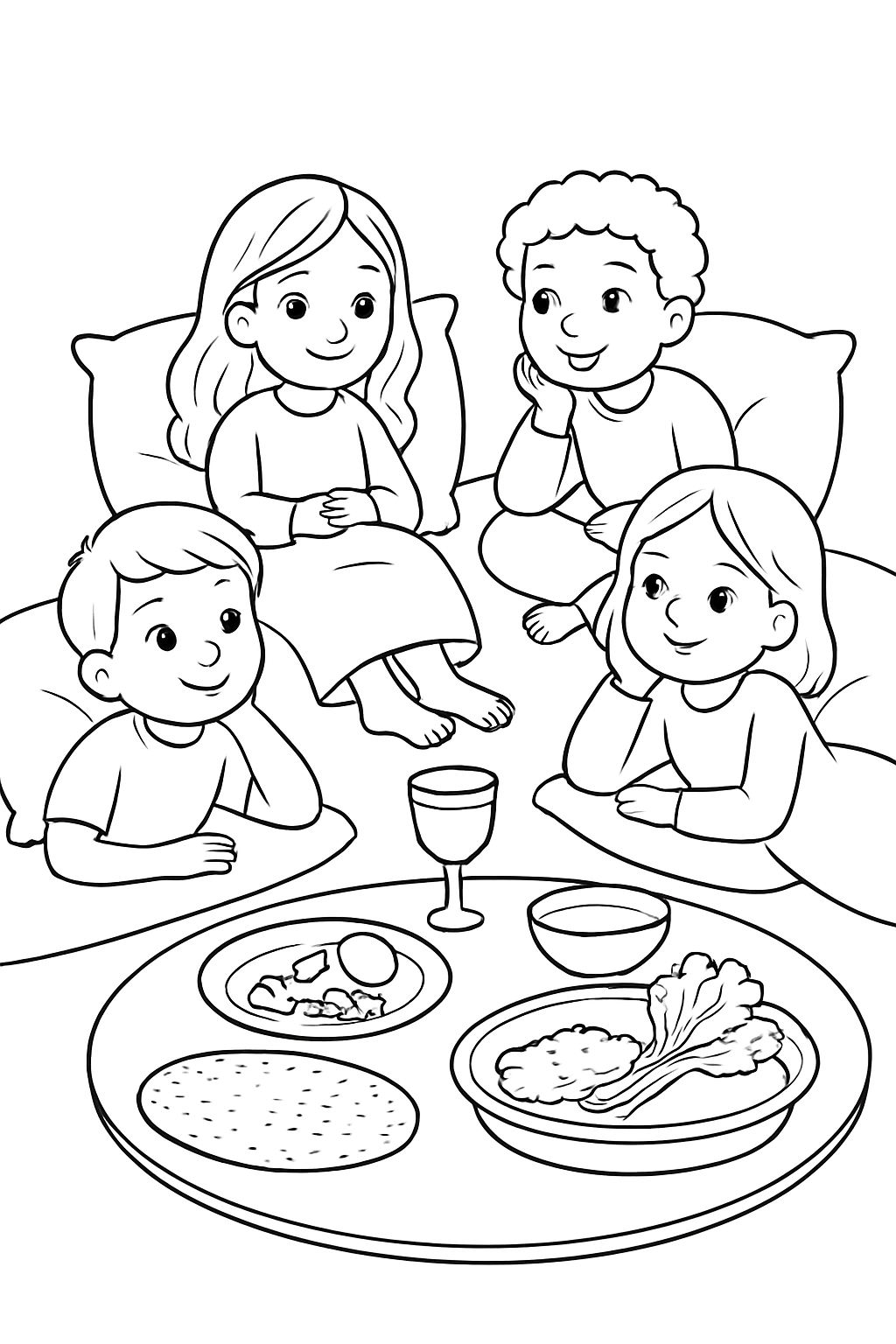Free printable children reclining on pillows at the Passover seder coloring page for kids