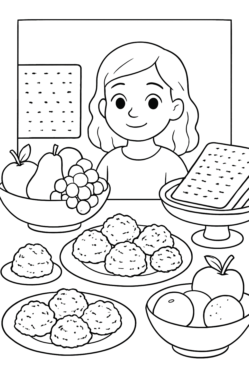 Free printable Passover dessert table with macaroons and fruit coloring page for kids