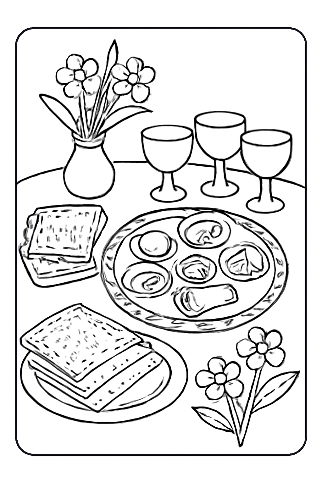 Free printable Passover seder table with matzah seder plate cups and flowers coloring page