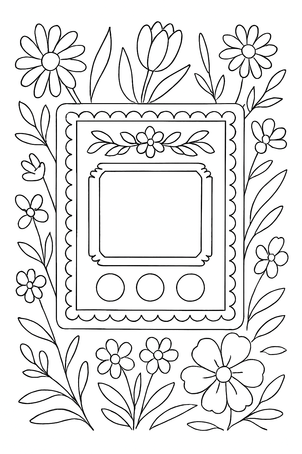 Free printable decorative Passover matzah cover surrounded by spring flowers coloring page for kids