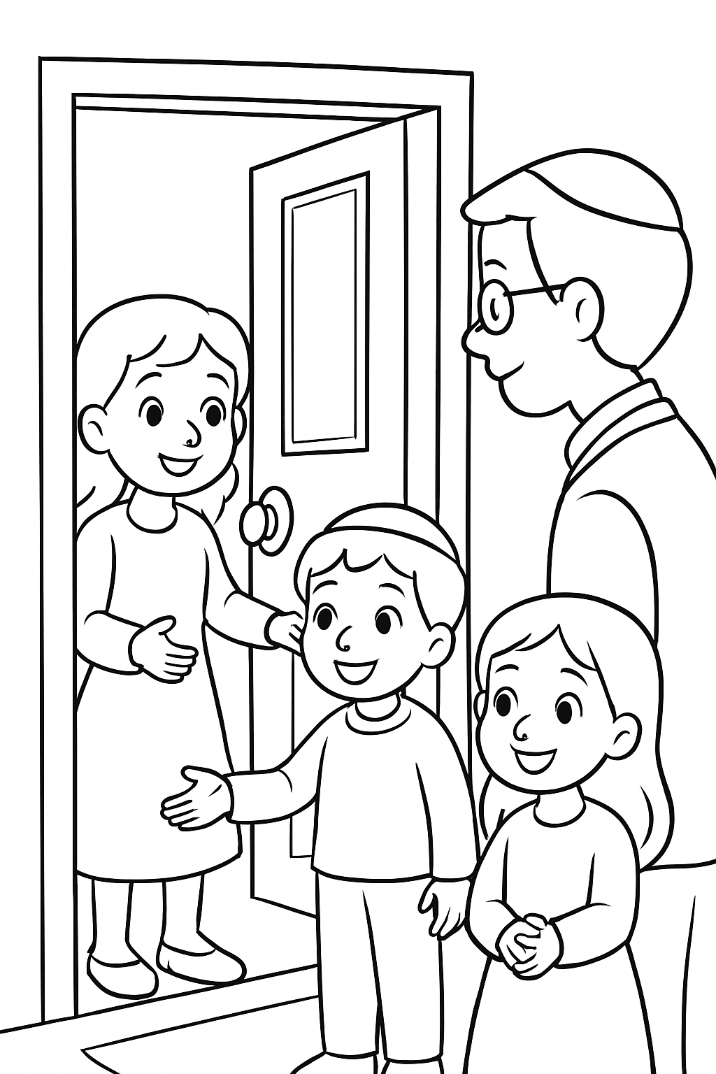 Free printable children opening the door for a Passover guest coloring page for kids