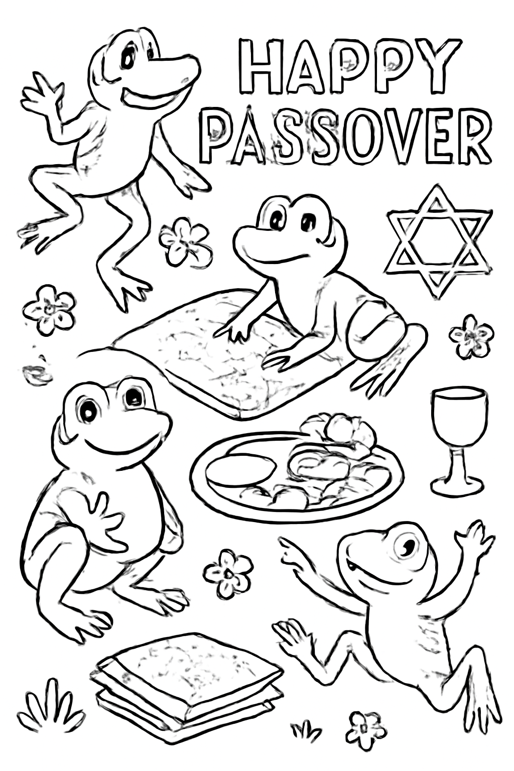 Free printable friendly frogs hopping everywhere for a playful Passover scene coloring page for kids