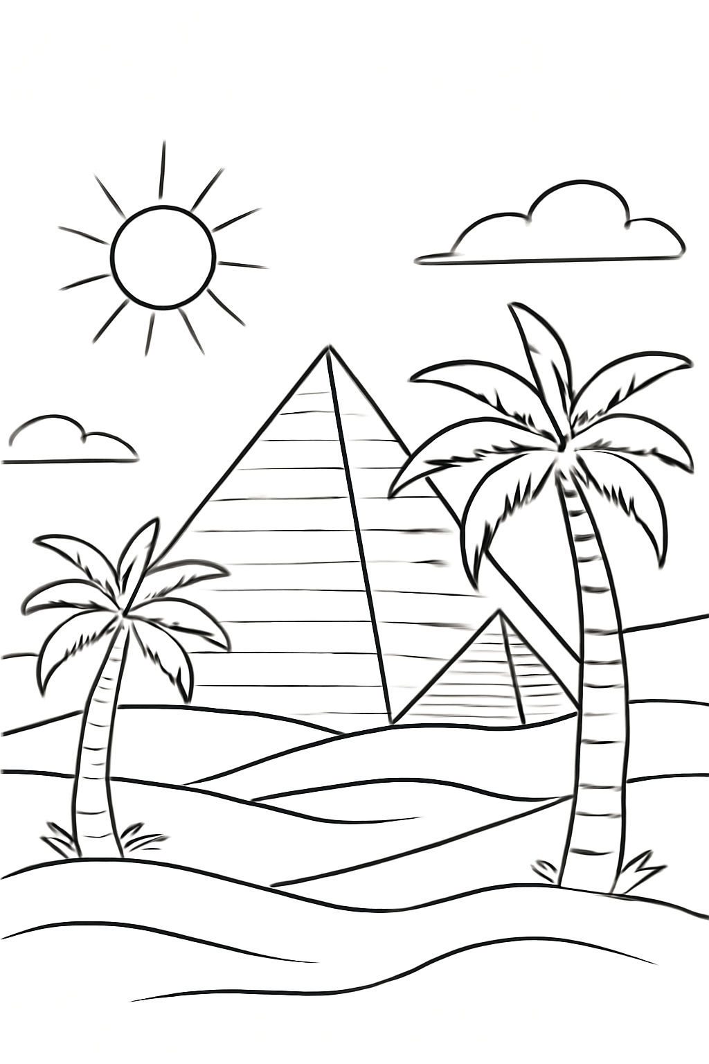 Free printable pyramids and palm trees landscape for Passover coloring page for kids