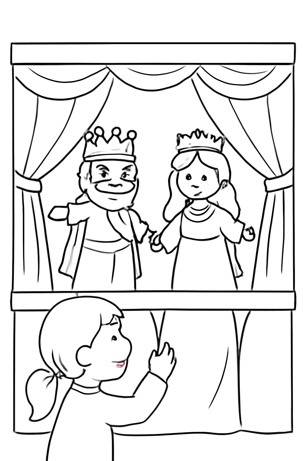 Free printable Purim puppet show with king and queen puppets coloring page for kids
