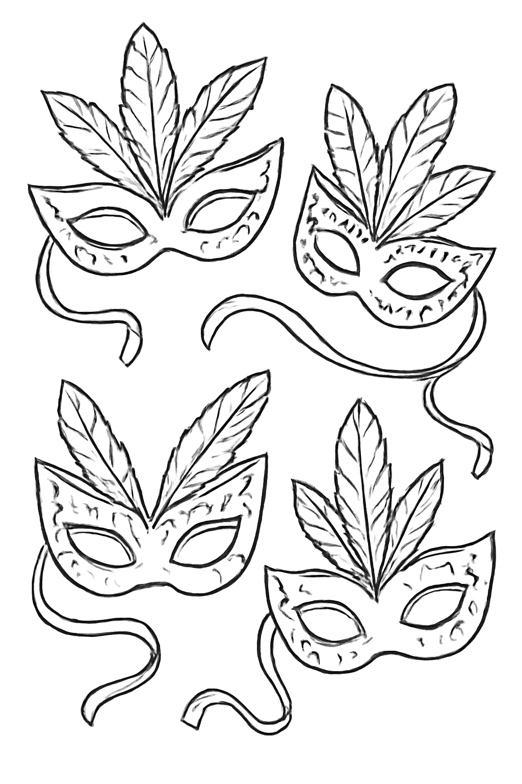 Free printable Purim masks with feathers sequins and ribbons coloring page for kids