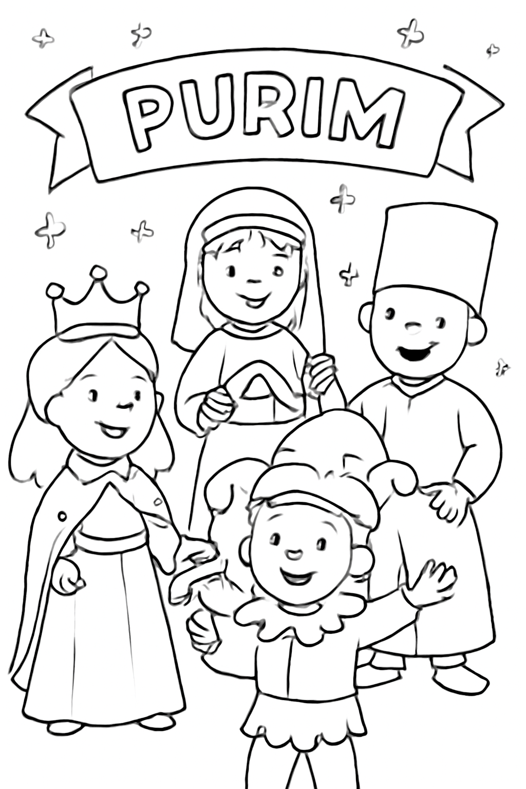 Free printable children wearing cheerful original costumes for Purim coloring page