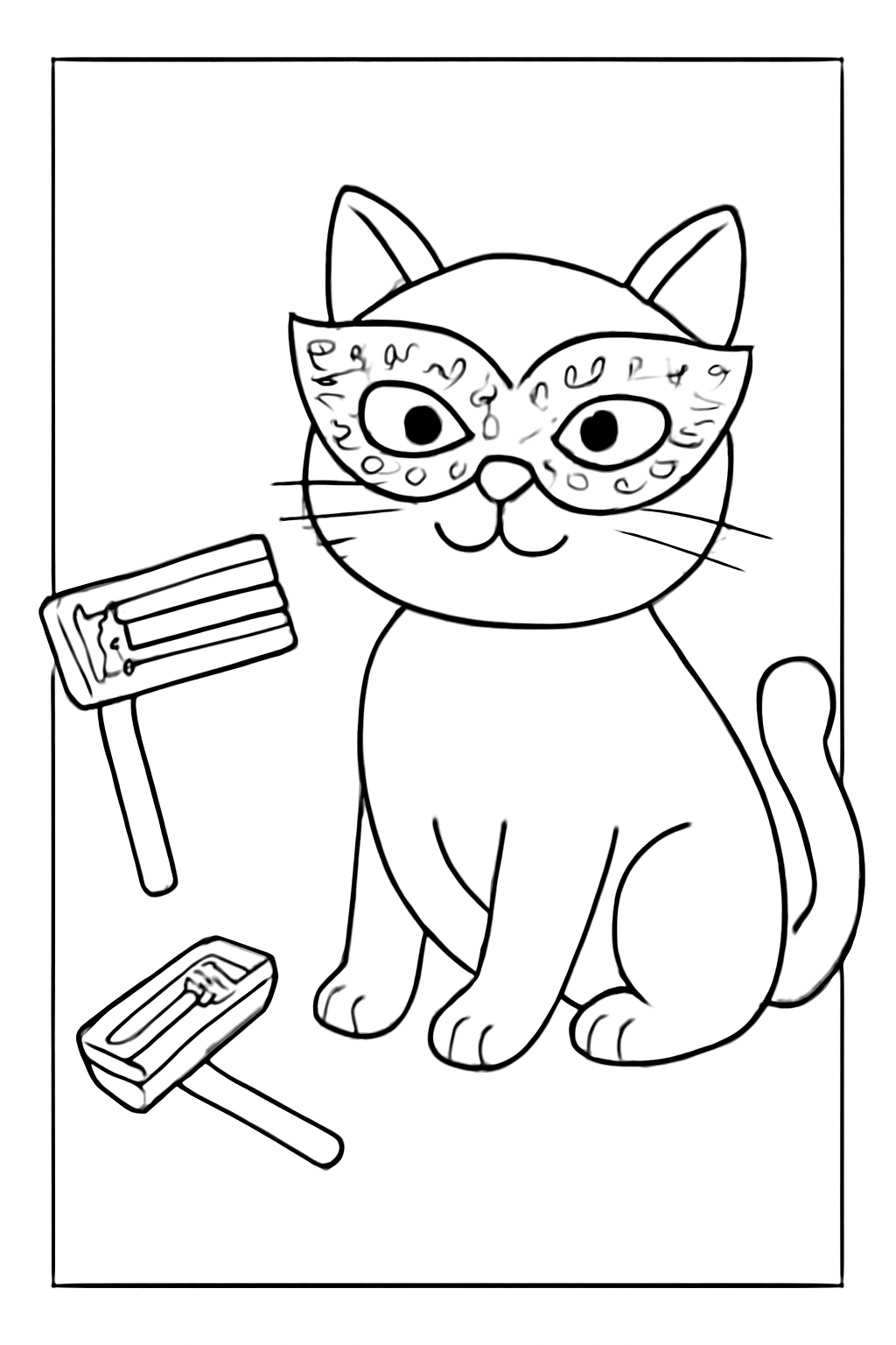 Free printable cat wearing a tiny Purim mask beside noisemakers coloring page for kids
