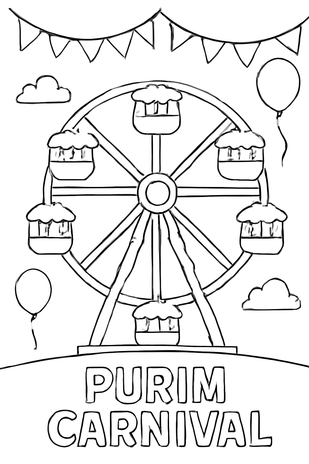 Free printable Purim carnival ferris wheel with flags and balloons coloring page for kids