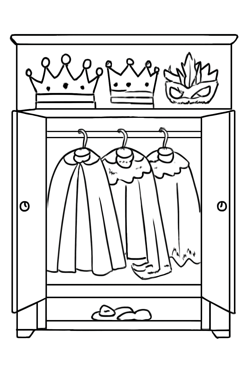 Free printable Purim costume closet with crowns capes and masks coloring page for kids
