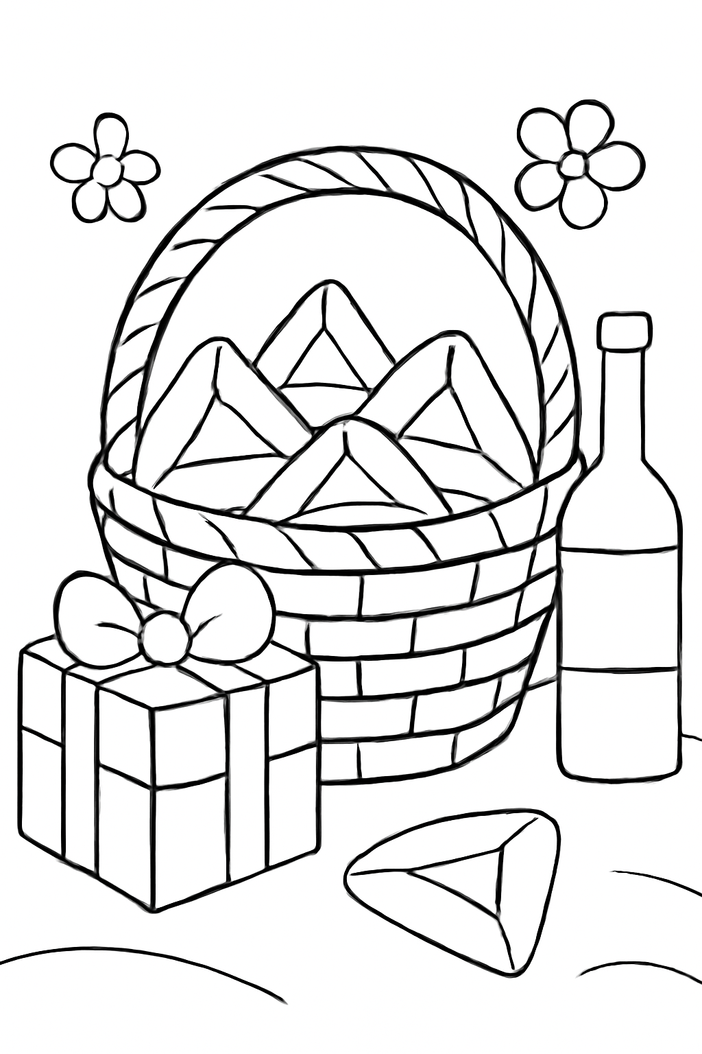 Free printable basket of Purim hamantaschen and mishloach manot gifts coloring page