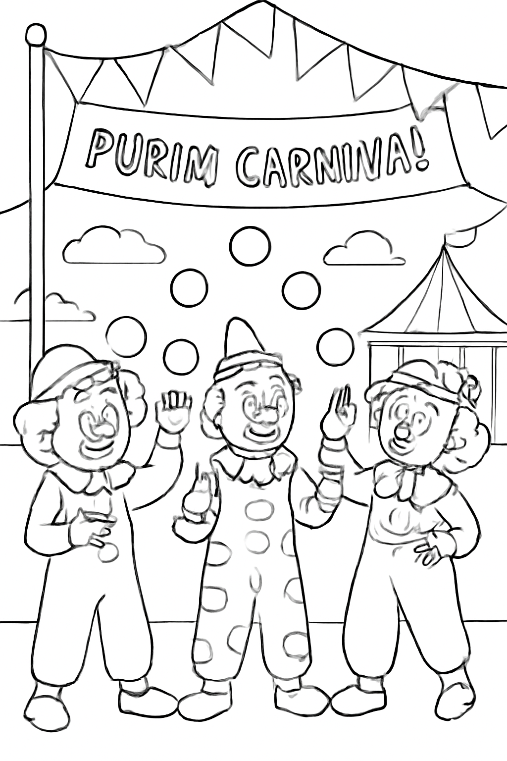 Free printable clowns juggling at a Purim carnival coloring page for kids
