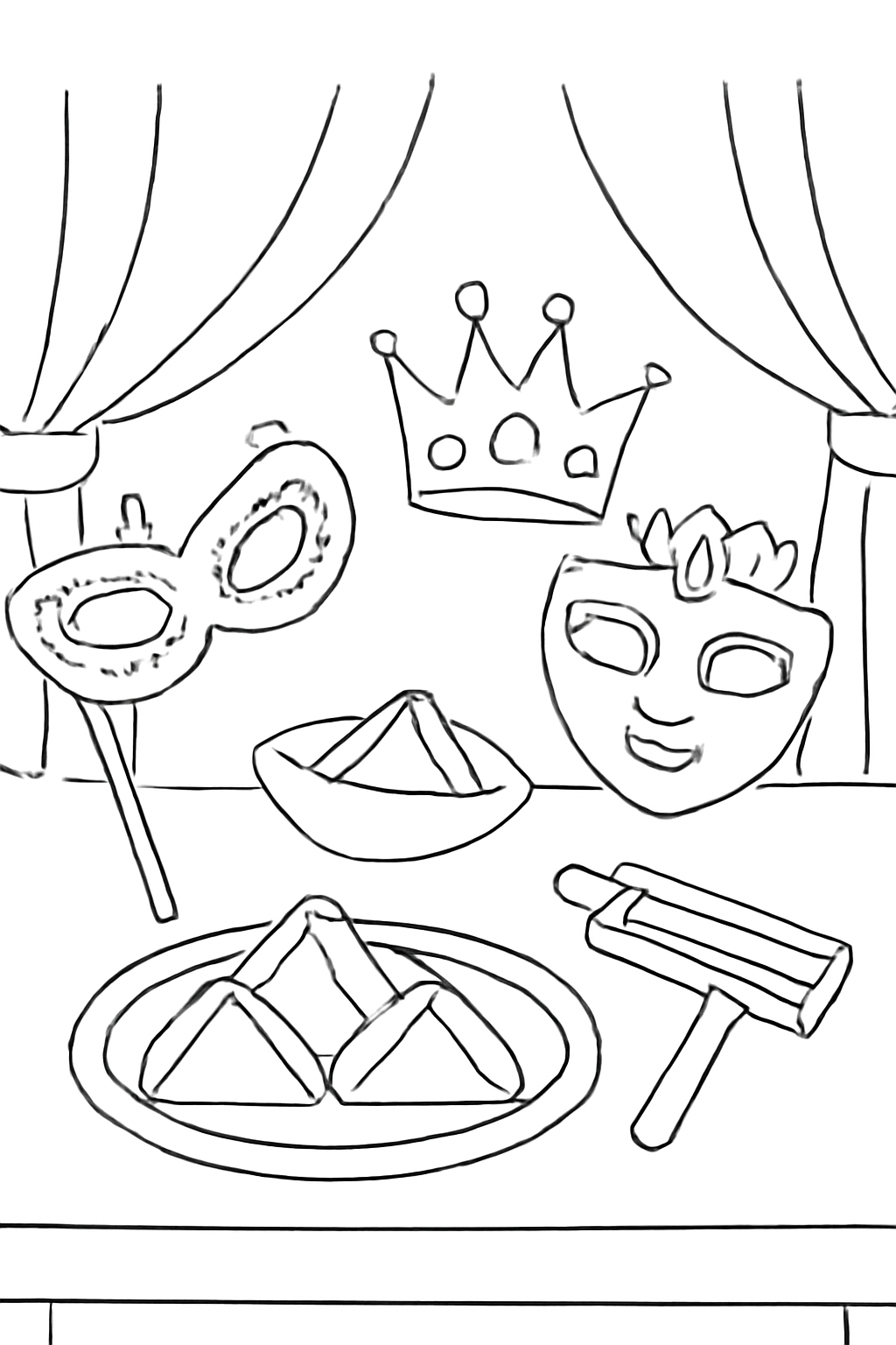 Free printable Purim celebration table with masks crowns and hamantaschen coloring page