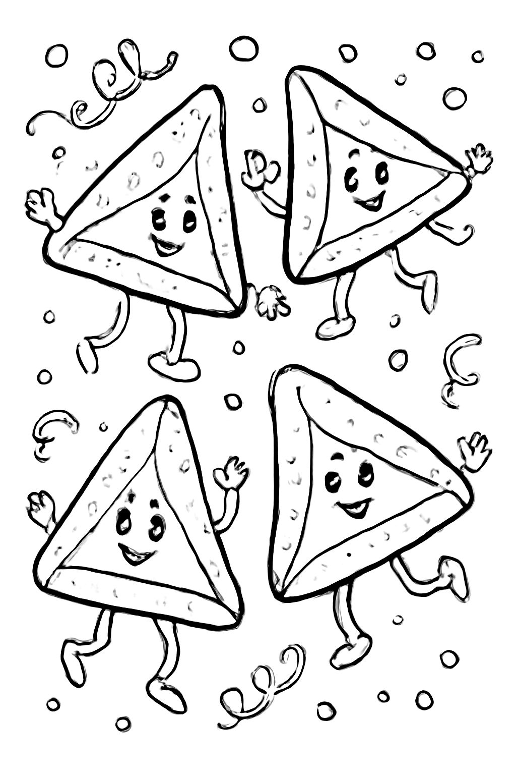 Free printable triangle hamantaschen cookies with sprinkles dancing for Purim coloring page for kids