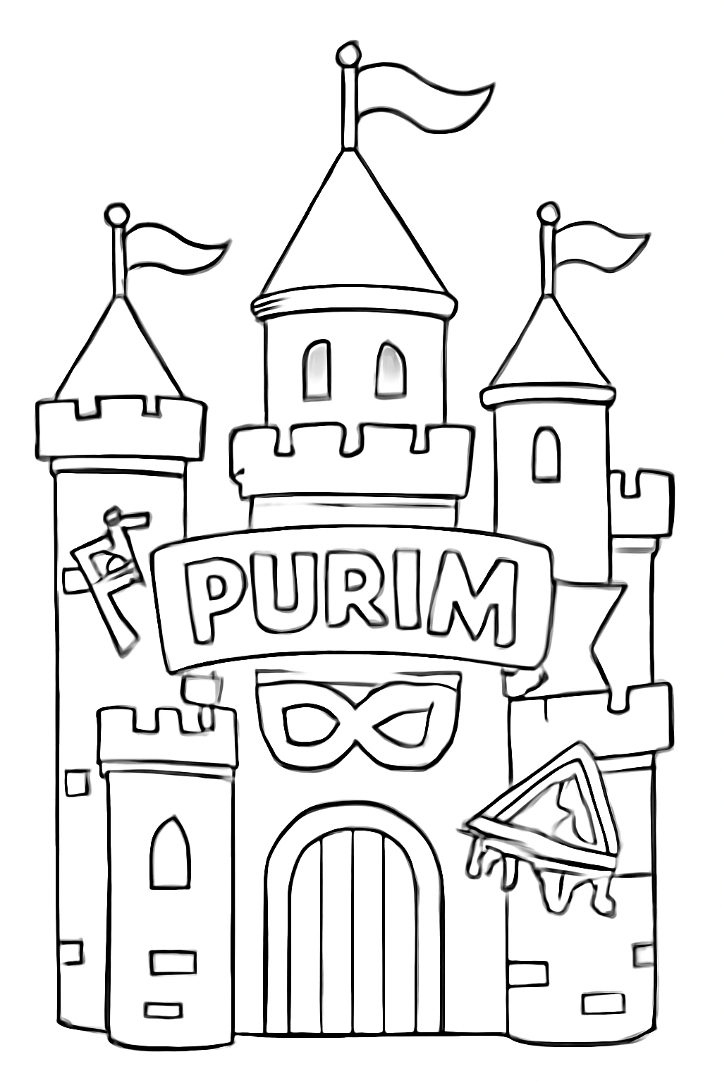 Free printable castle towers with flags decorated for Purim coloring page for kids