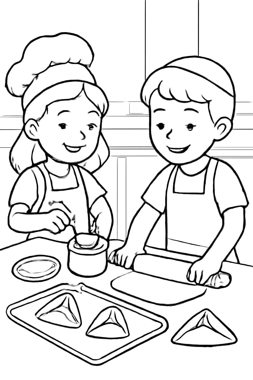 Free printable children baking hamantaschen with jam for Purim coloring page for kids
