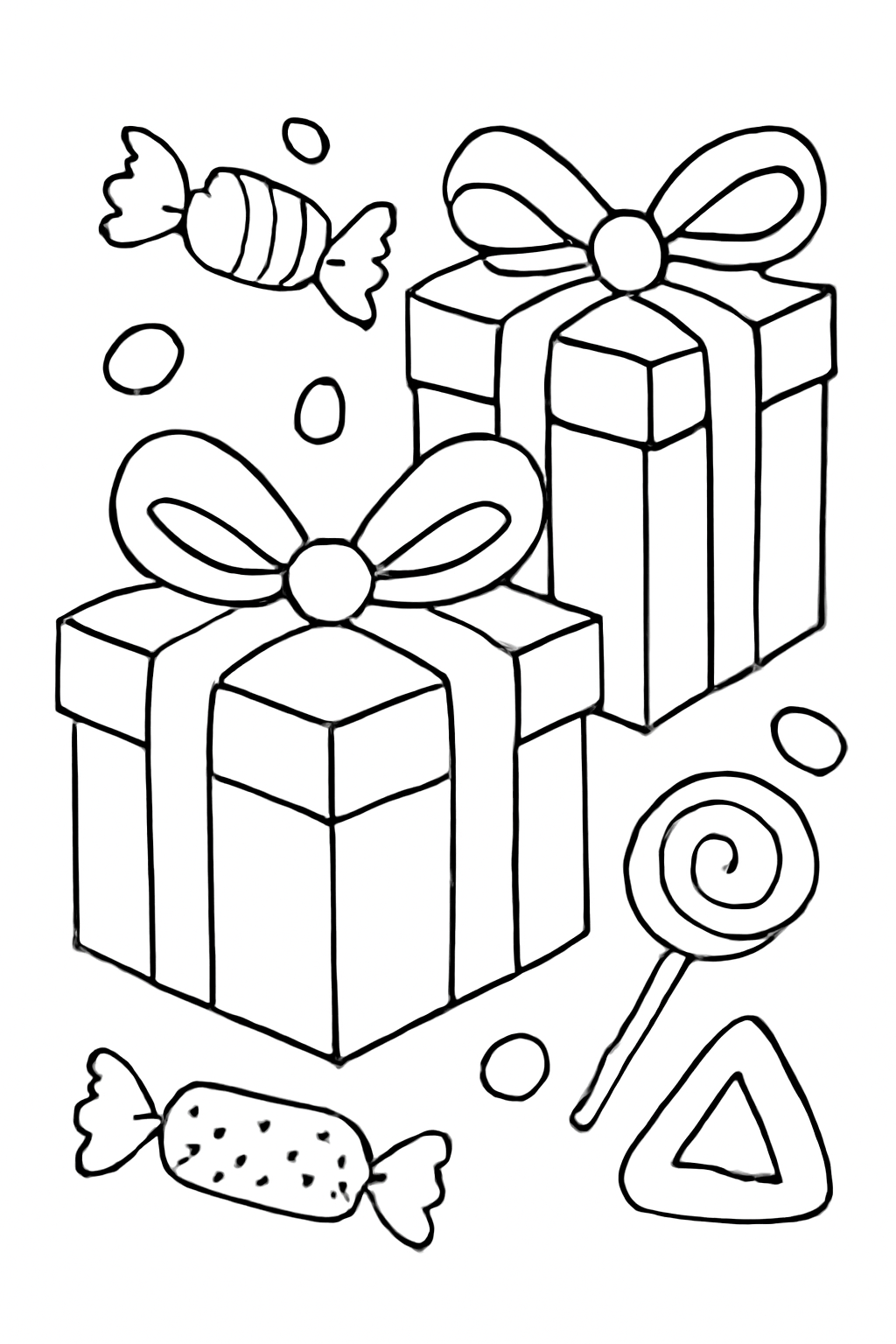 Free printable Purim gift boxes tied with bows and candy coloring page for kids