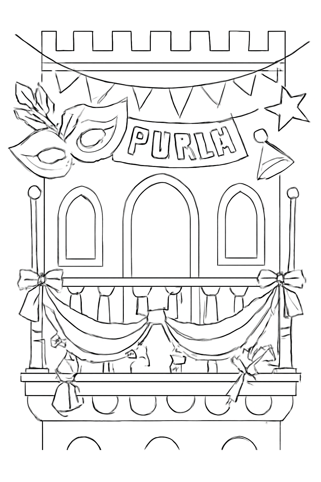 Free printable royal palace balcony decorated for Purim coloring page for kids