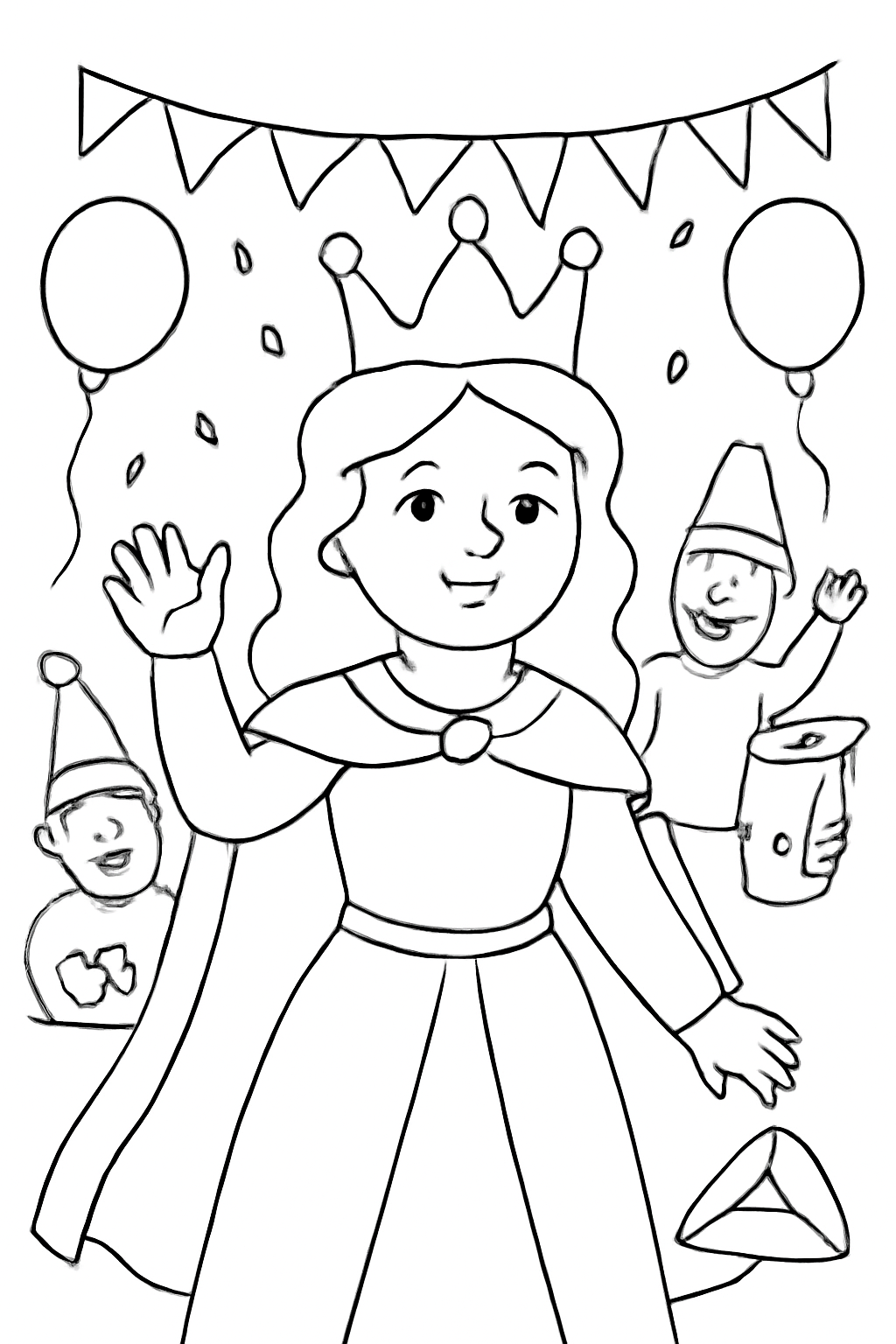 Free printable queen with a crown waving at a Purim celebration coloring page for kids