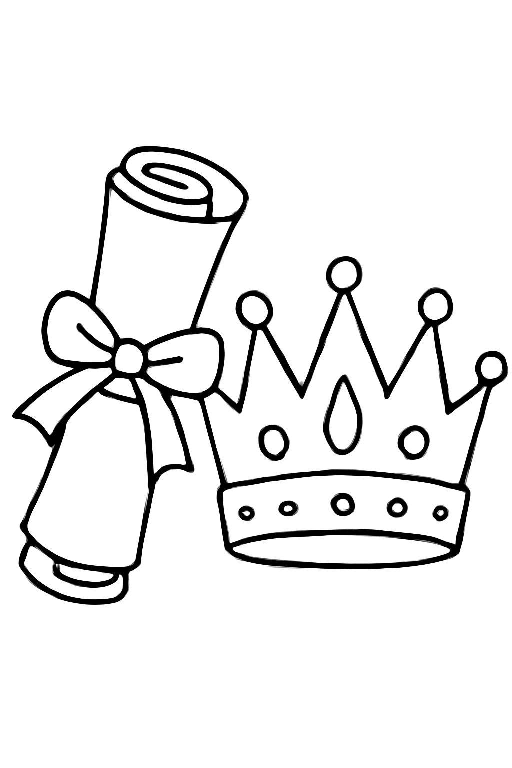 Free printable Purim scroll tied with ribbon beside a crown coloring page for kids