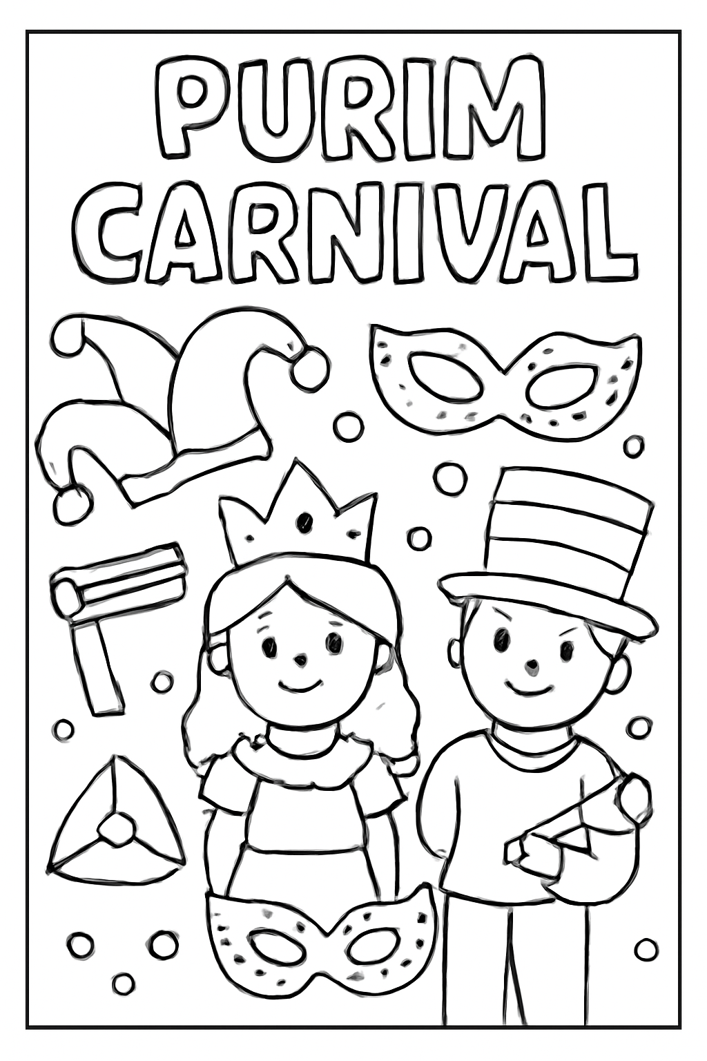 Free printable Purim carnival with costumes masks and noisemakers coloring page