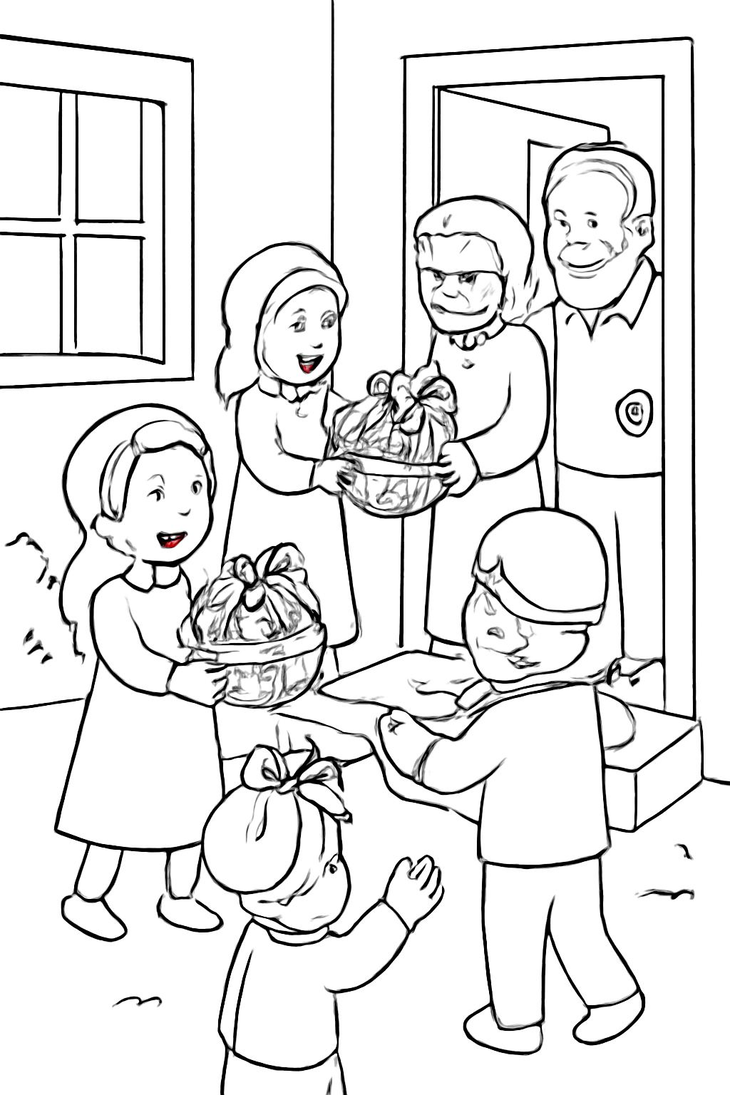 Free printable children delivering Purim treat baskets to neighbors coloring page for kids