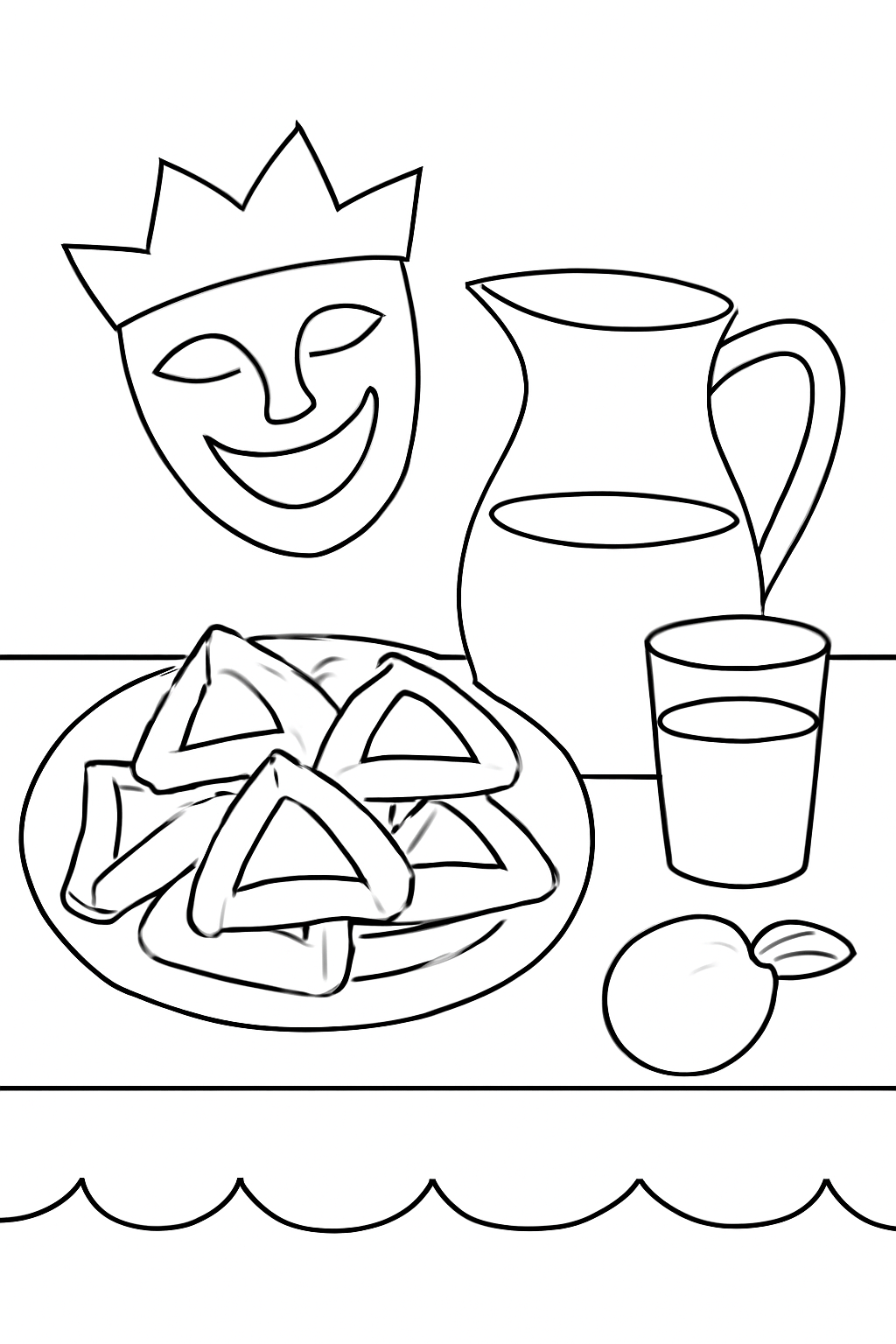 Free printable Purim table piled with hamantaschen and fruit punch coloring page for kids