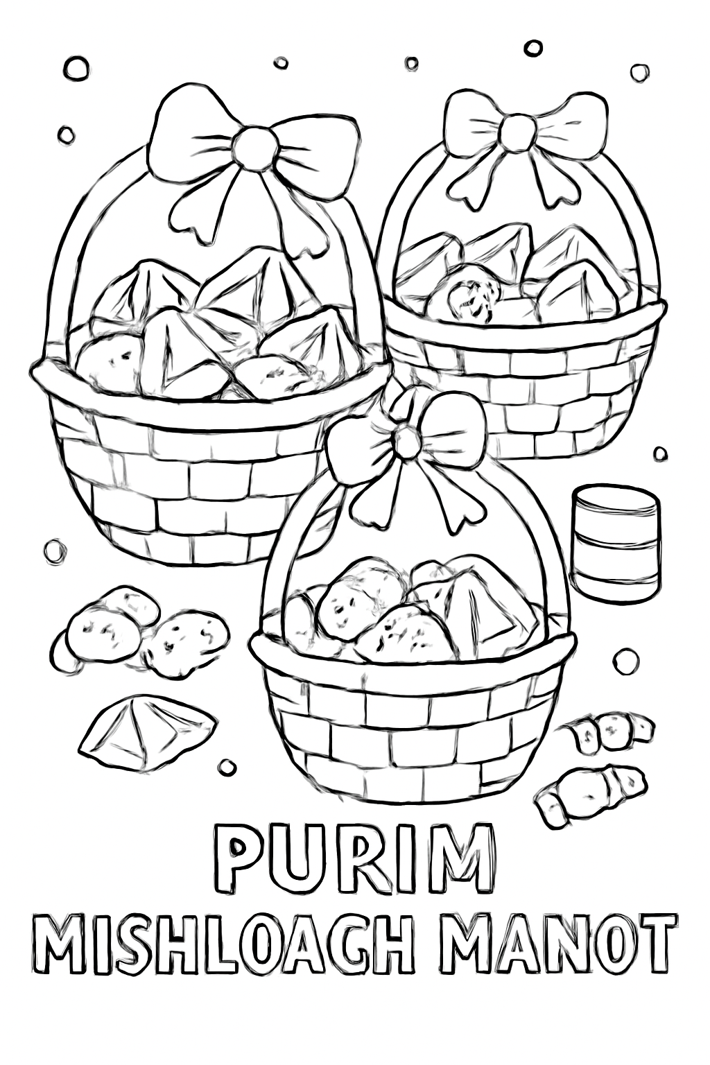 Free printable Purim mishloach manot baskets filled with treats coloring page for kids