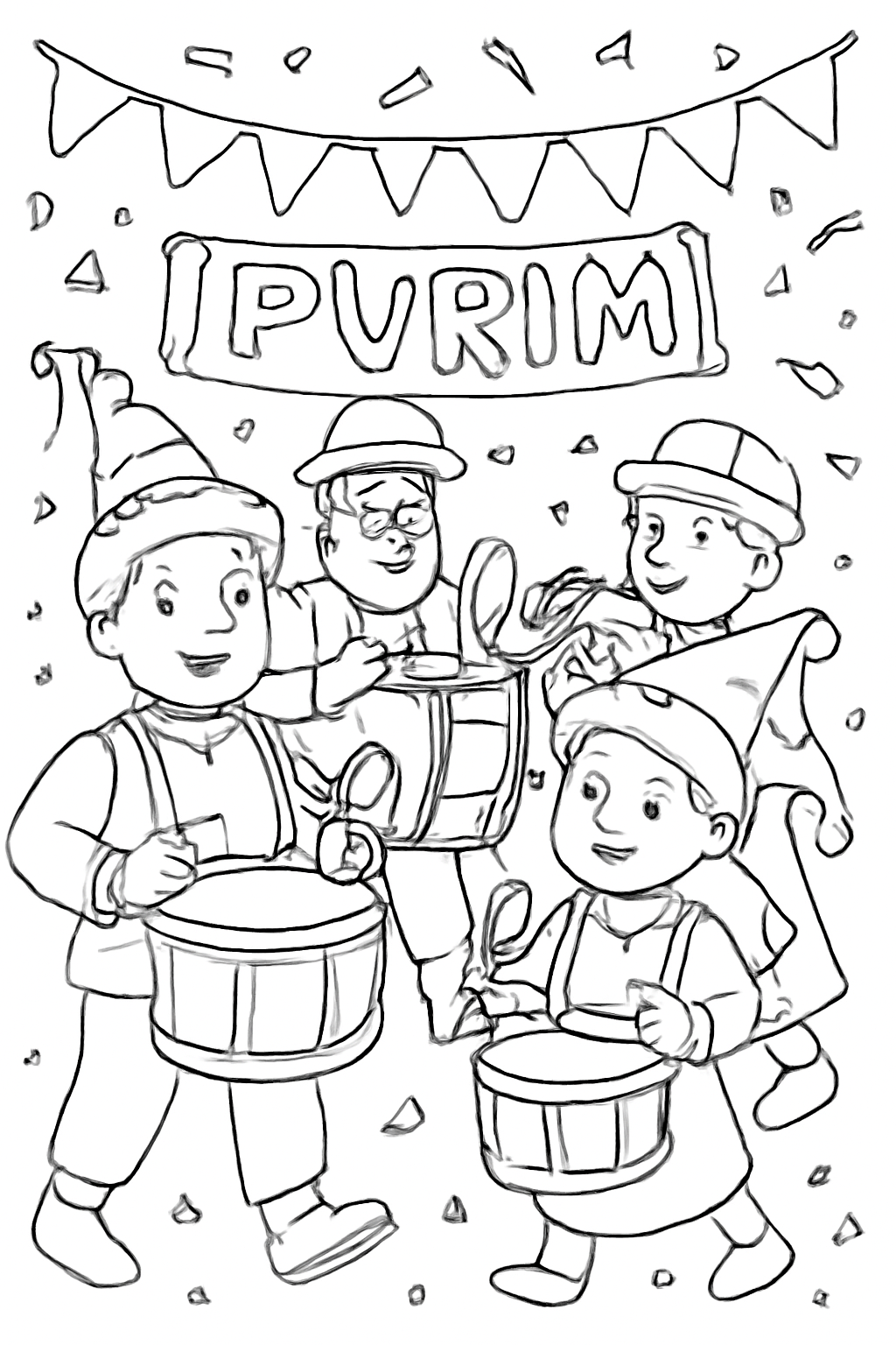 Free printable marching band with drums at a Purim festival coloring page for kids